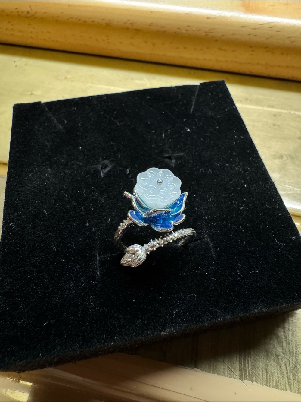 Silver Floral Blue Enamel Adjustable Ring